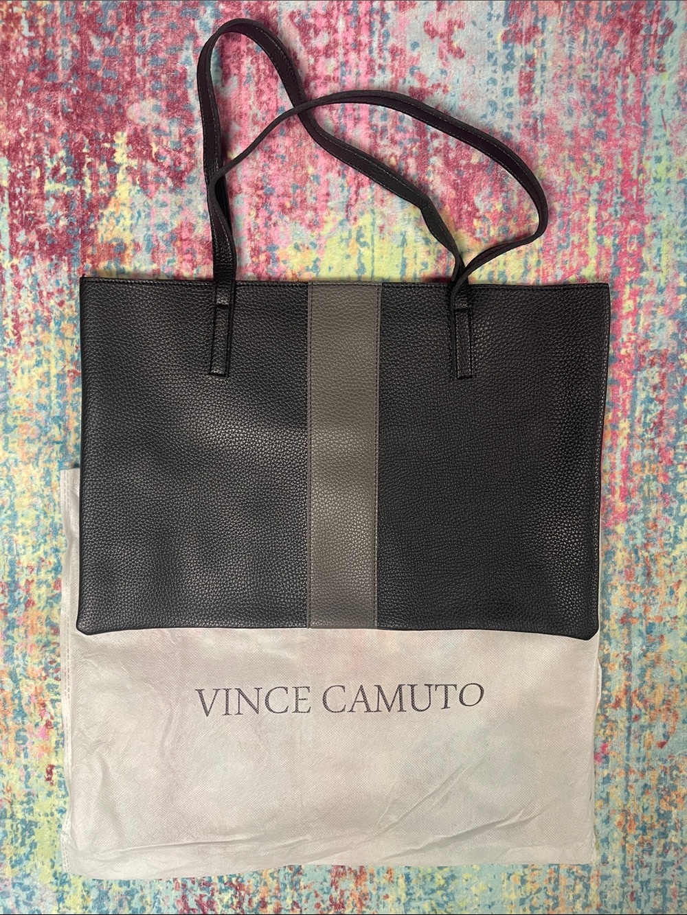 Vince Camuto Black Messenger Tote with Gray Center Stripe